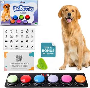 lot 32321 image: A-URA Dog Talking Buttons for Communication 6 Recordable Dog Buttons with Anti-Slip Mat, Word Stickers, Training Guide & Video  Dog Communication Buttons for Potty Training, Daily Needs & Behavior - Retail $25