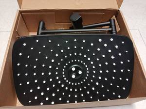 lot 32330 image: Black Rainfall Shower Head with Wall Mount Arm - Retail $45