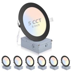 lot 32332 image: 6 Pack Recessed Lighting 6 Inch with Junction Box, 5CCT 6 Inch Black LED Recessed Lights Dimmable 2700K3000K4000K5000K6000K, 15W1200lm Ultra Thin Recessed Lighting - ETL and Energy Star Certified - Retail $50