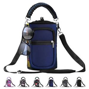 lot 32345 image: AceTreker 64128 oz Water Bottle Carrier Bag, Insulated Half Gallon Water Bottle Sleeve with 5 Pocket, Sport Water Flask with Paracord Handle and Shoulder Strap for Walking Hiking Camping Gym-Navy - Retail $24