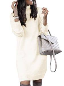 lot 32352 image: SENFURE White Turtleneck Sweater Dress for Women Long Sleeve Elasticity Knit Pullover Dresses Oversize Dress - Retail $50