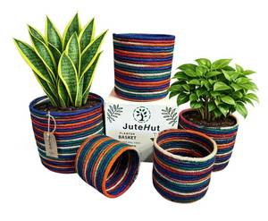 lot 32353 image: JuteHut Planter Basket Set 5-Piece Handwoven Jute Planter Basket for Home Decor, Nursery, or Indoor Plants (5 to 8 Diameter, 4.75 to 7.75 Height) Fold & Wrinkle Free - Rainbow Stripe - Retail $35