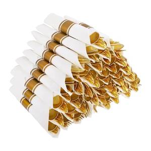 lot 32356 image: Joyido 50Guests Pre Rolled Gold Plastic Silverware Sets - Heavy Duty Gold Cutlery - Include 50 Pack Wrapped Disposable Utensils with Napkins for Parties, Dinners & Weddings - Retail $30