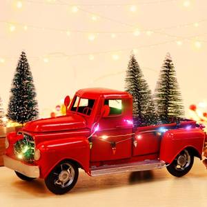 lot 32358 image: AerWo Christmas Farmhouse Red Truck Decor, LED String Lights Vintage Red Metal Pickup Truck Car Model with Mini Christmas Trees Ornaments, for Christmas Decorations and Table Top Decor