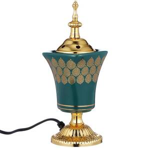 lot 33746 image: Cabilock Electric Bakhoor Burner, Metal Electric Incense Burner for Oud, Frankincense & Resin, Flame-Free Arabic Bukhoor Holder for Home Decor, Yoga, Spa & Office, Vintage Green Censer (Pre Owned) - Retail $19
