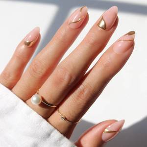 lot 33750 image: Glamnetic x GLAMZILLA Press On Nails - I AM A RICH MAN  Short Almond Nude Fake Nails with Gold Foil, Salon Quality  15 Sizes - 30 Nail Kit with Glue - Retail $22