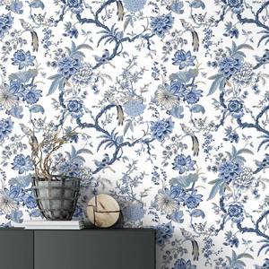 lot 33765 image: Drydiet Chinoiserie Peel and Stick Wallpaper Removable Self Adhesive Wallpaper Floral Birds Contact Jacobean Vintage Contact Paper for Bedroom(Blue and White) - Retail $15