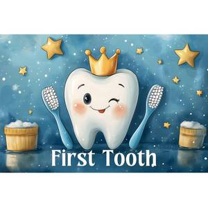 lot 33770 image: YongFoto My First Tooth Backdrop 5x3ft Cute Cartoon Crown Teeth Toothbrush Photography Background 1st Birthday Baby Party Banner Cake Table Decor Christening Infant Photoshoot Wallpaper Photo Booth - Retail $10