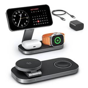 lot 33774 image: 3-in-1 Charging Station for Apple Device, Qi2 25W Certified Magnetic Wireless Foldable Fast Charger Stand Compatible with MagSafe for iPhone 17e171615141312Air Series, Apple Watch & AirPods - Retail $50