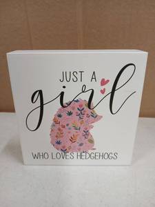 lot 33775 image: Funny Hedgehog Wooden Box Sign - Desk Decor Gift for Hedgehog Lovers - Wood Block Plaque for Women Girls Room Birthday Bedroom Shelf Table Decoration - Just A Girl Who Loves Hedgehogs - Retail $9