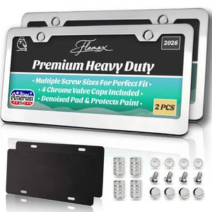 lot 33781 image: Premium Chrome License Plate Frames with 2 Anti-Scratch Pads & 4 Tire Valve Caps, Heavy Duty Rust-Free Chrome License Plate Frame 2 Pack for Women & Men, 2 Holes Universal Fit for Cars & Trucks - Retail $14