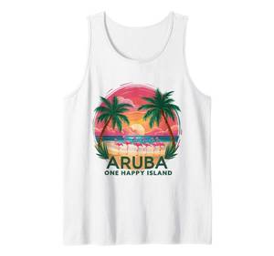 lot 33805 image: Arubas One Happy Island beautiful sunset beach Flamingo Tank Top Blue Small - Retail $18