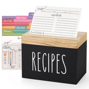 lot 33829 image: Dahey Wooden Recipe Box Black Recipe Organizer with 100 Recipe Cards and 6 Dividers, Recipe Card Holder Box Set with Brown Lid and Slots to Write in Your Own Recipes for Cooking Lover Kitchen - Retail $18