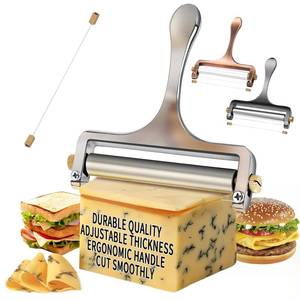 lot 33833 image: TOPULORS Wire Cheese Slicer Stainless Steel Handheld Cheese Cutter for Mozzarella, Cheddar, Gruyere - with 1 Extra Wire - Adjustable Thickness Cheese Shaver Cheese Slicers for Block Cheese (Silver) - Retail $8