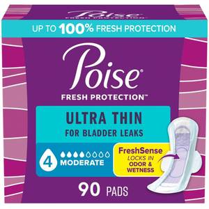 lot 22858 image: Poise Ultra Thin Incontinence & Postpartum Pads with Wings for Bladder Leaks, 4 Drop Moderate Absorbency, Regular Length, 90 Count, Packaging May Vary - Retail $25