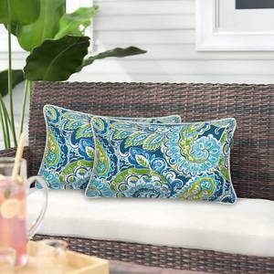 lot 22863 image: Magpie Fabrics Pack of 2 Outdoor Waterproof Lumbar Rectangular Throw Pillow with Insert, Home Decorative Toss Pillows All Weather Cushion for Patio Garden Car Office (12x20 Inch, Paisley Lapis Green) - Retail $33