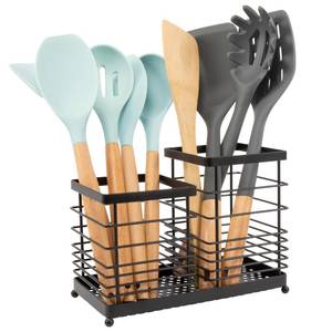 lot 22875 image: RedCall Utensil Holder for Countertop,Stainless Steel Kitchen Holder,2-In-1 Spoon Spatula Holder for Kitchen Counter,Large Wire Utensils Organizer,Cooking Tool Holder Storage Crock (2 Compartment) - Retail $18