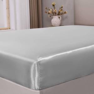lot 22898 image: BEDELITE Satin Fitted Sheet Queen Size with Elastic Corner Straps, Luxury Soft Silk-Like Bed Sheet for Hair & Skin, 1 Deep Pocket Fitted Sheet Only Fits 15 Mattress, Fade & Wrinkle Resistant, Grey - Retail $22