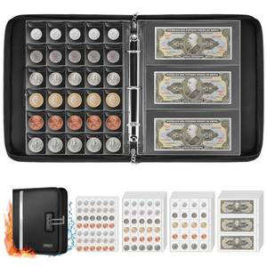 lot 22910 image: Coin Collection Book Holder for Collectors, 484 Pockets Fireproof Coin Collection Supplies and 36 Currency Album Storage Organizer, Lockable Coins Album for Coins Collector Gifts for Bill, Penny Black - Retail $37