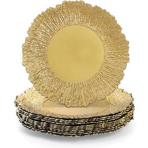 lot 22999 image: Coloch Set of 12 Gold Charger Plates, 13 Plastic Reef Serving Chargers for Dinner Plate Reusable Round Shiny Decorative Charger Plate for Wedding, Catering, Parties, Christmas, Home Dinner Use - Retail $29