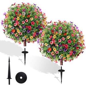 lot 23005 image: 27.5 Artificial Olive Boxwood Topiary Ball Tree, Set of 2 Fake Bushes Shrubs with Ground Spike, UV Resistant Faux Evergreen Boxwood Plants for Outdoor Indoor Planters Front Porch Garden Decor - Retail $104