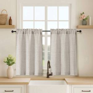 lot 23009 image: OVZME 2 Panels Kitchen Curtains 36 Inch Length, Faux Linen Textured Small Cafe Window Curtain Over Sink, Light Filtering Short Curtain Tiers for Bathroom Basement, 30x36 Inch, 2PCS, Linen Color - Retail $8