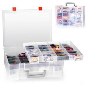 lot 23010 image: RHCOM Toy Organizer.72 Compartments.Toy Storage Box Compatible With Hot wheels Cars, Matchbox Cars,Mini Toys and Small Dolls.Toy Storage Display Case With 3 Layers of Removable Trays(Transparent) CRACK IN FRONT - Retail $34
