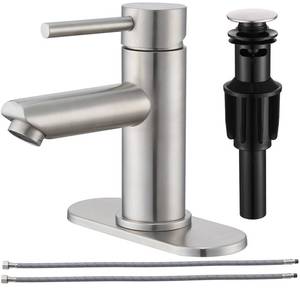lot 23014 image: KPWATER Brushed Nickel Bathroom Faucets Stainless Steel Single Handle Bathroom Sink Faucets 1 Hole or 3 Holes with Pop-up Drain for RV Vanity - Retail $28