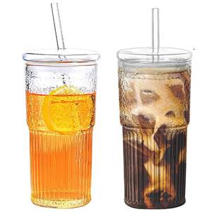 lot 23023 image: 2PCS Glass Cups with Lids and Glass Straws, 20OZ Iced Coffee Cups, Home Essential and Coffee Bar Accessories Borosilicate Glass Tumblers with Lid and Straw for Beer, Cocktail, Tea and Latte, Clear