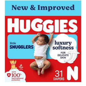 lot 23029 image: Huggies Size Newborn Diapers, Little Snugglers Baby Diapers, Size Newborn (up to 10 lbs), 31 Count, Packaging May Vary - Retail $10