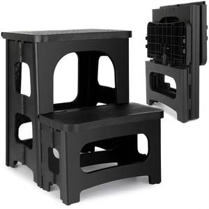 lot 23032 image: 2 Step Folding Stool Non Slip 250 lb Capacity Foldable Step Stool 8 and 17 Inch Dual Height Portable Foot Stool for Kitchen Bathroom Black - Retail $36