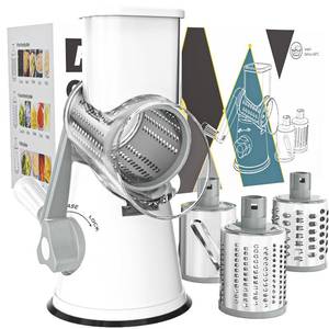lot 23033 image: Cambom Rotary Cheese Grater Hand Crank Cheese Shredder for Fresh Cheese, Vegetable, Nuts,Non-slip Suction Base,Three Blades,White - Retail $23
