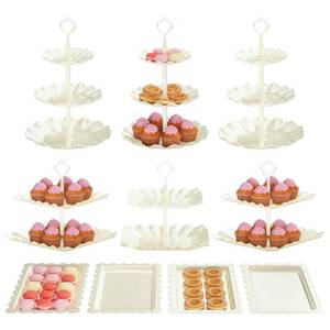 lot 24287 image: 10 Pack Cake Stand Set with 3 x Two-Tier and 3 x Three-Tier Cupcake Stands, Plastic Dessert Table Stand Set 3 Tired Cookie Tray and 4 Pcs Dessert Trays - Retail $25