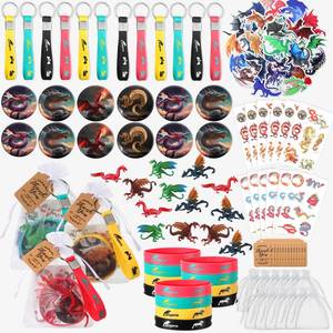 lot 24294 image: Wettarn 134 Pcs Dragon Themed Birthday Party Favors for 12 People Include Dragon Stickers Mini Model Button Pins Bracelets Keychains Organza Bags Card Tags for Goodie Bag Filler Dinosaur Themed Gifts - Retail $19