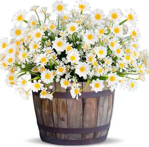 lot 24295 image: 12 Bundles Artificial Daisy Flowers for Outdoors Summer Decor, UV Resistant Fake Cemetery Flowers Faux Plastic Greenery Shrub Plants for Outside Home Gardens Porch Planter Memorial Day Decor(White) - Retail $12