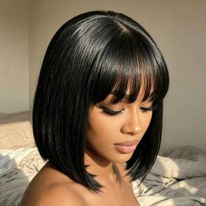 lot 30762 image: Adyutrlia Bob Wig Human Hair With Bangs Glueless 2x4 HD Lace Colsure Wigs, Ready to Go Short Wigs For Women Beginner Friendly (Natural Black, 10 inch) - Retail $33