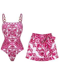 lot 32369 image: FLAXMAKER Womens One Piece Sling Classic Majolica Adjustable Bathing Suits Back Lace up Swimsuit with SkirtShorts (US, Alpha, Large, Regular, Regular, Red #1 Swim with Shorts)
