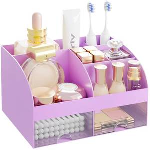 lot 32377 image: Makeup Organizer with 2 Drawers, Cosmetic Storage for Dresser Vanity and Bathroom Countertop,Make up organization and Skincare Storage with Beauty Brush Holder, Cosmetic Display Case (Purple) - Retail $10