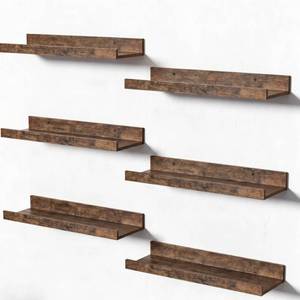 lot 32380 image: upsimples 6 Pack Wooden Floating Shelves, Wall Storage Decor Shelf for Bathroom, Bedroom, Living Room, Kitchen, Office and Laundry Room, Wall Mounted Display Hanging Shelf, Brown - Retail $20