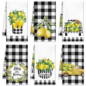 lot 33921 image: Redbaker 6 Pcs Lemon Kitchen Towels Lemonade Dish Towels with Sayings Decorative Hand Tea Dishcloths for Kitchen Decor with Hanging Loop for Housewarming Gift(Black White,Plaid Lemon) - Retail $14