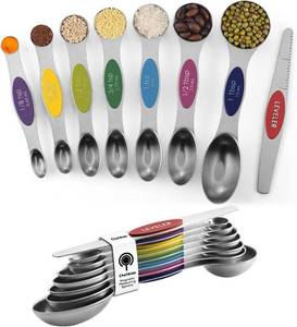 lot 33931 image: ChefAide Pack of 8 Stainless Steel Magnetic Measuring Spoons Set, Dual Sided, Stackable, Adjustable Teaspoon and Tablespoon Measure Spoon with Leveler, Kitchen Gadgets - Retail $7