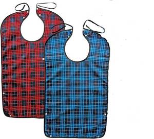 lot 33937 image: HYMIC 2 Pack Adult Bibs for Men Women Elderly Reusable Large Adult Bibs for Eating, Adjustable Washable Clothing Protectors with Crumb Catcher for Senior (2Pack BlueRed) - Retail $5