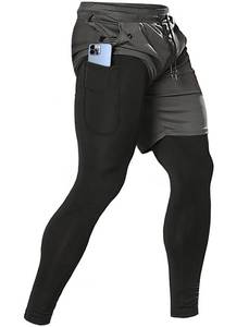 lot 33938 image: Mens 2 in 1 Running Pants, Gym Workout Compression Pants for Men Training Athletic Pants Grey Medium  - Retail $15