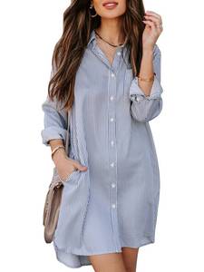 lot 33939 image: Aoudery Womens Button Down Shirt Dresses with Pockets Striped Cotton Shirts Collared Long Sleeve High Low Blouse Tops-Dark Blue L - Retail $37