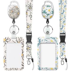 lot 33956 image: Uniclife 2 Pack Floral Sliding Badge Holder White Blue Flower Plastic Case with Retractable Badge Reel Carabiner Clip and Detachable Lanyard Strap Hard Vertical Card Protector - Retail $9