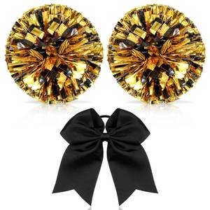 lot 42540 image: Hanaive 3 Pcs Cheerleading Pom Poms and Large Cheerleader Hair Bow Metallic Cheer supplies for Team Spirit Sports Dance Cheering(Black Mixed Gold,Classic Style) - Retail $10