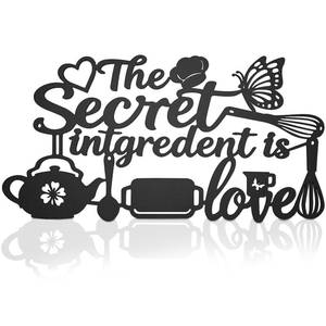 lot 42542 image: Metal Wall Art Sign, The Secret Intgredent is Love Black Kitchen Signs Decoraions for Wall, Rustic Iron Letters Quotes Housewarming Gifts for Kitchen Farmhouse Dining Room Home Decor (16.5L x 8.5W)