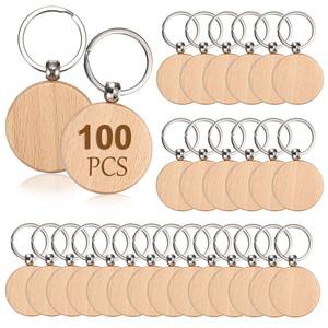 lot 42547 image: JUXYES 100 PCS Unfinished Wooden Keychain Blanks for Engraving, Wood Engraving Blanks Key Chain, DIY Round Wood Keychain Tags Unfinished Wooden Key Ring, 40mm - Retail $28