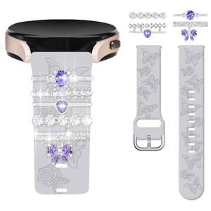 lot 42572 image: Watbro Floral Engraved Band and Decorative Rings Loops Compatible with Samsung Galaxy Watch 7FE654 Band with Charms,20mm Soft Silicone Sport Band for Garmin Vivoactive 5Vivoactive 3 Smart Watch - Retail $10