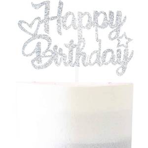 lot 42575 image: Pargleev Silver Glitter Happy Birthday Cake Topper - Glitter Paper & Stick - Ready to Use
